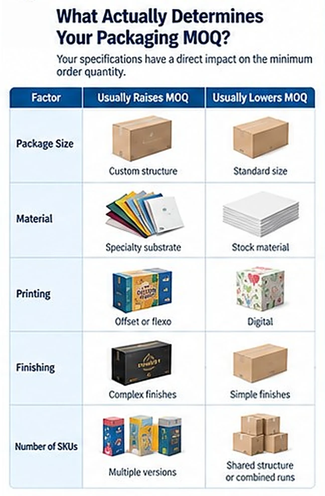 Five packaging specifications that can raise or lower minimum order quantity. Five packaging specifications that can raise or lower minimum order quantity.