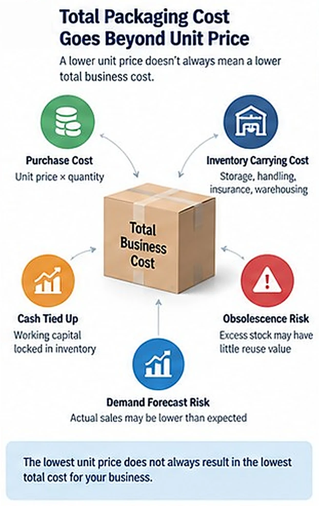 Total packaging cost factors beyond unit price, including carrying cost, cash exposure, obsolescence, and demand risk. Total packaging cost factors beyond unit price, including carrying cost, cash exposure, obsolescence, and demand risk.