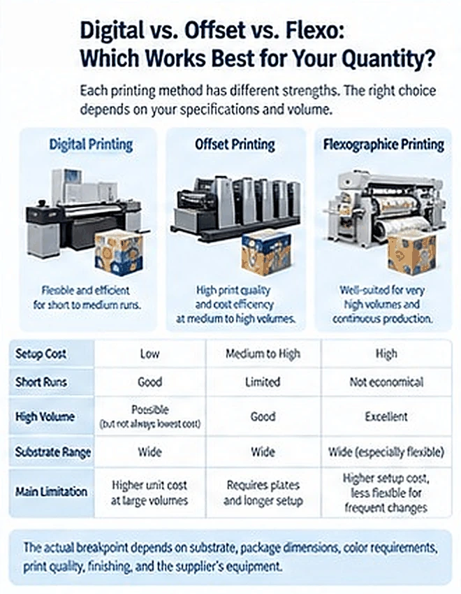 Comparison of digital, offset, and flexographic printing for packaging across setup, run length, and production requirements. Comparison of digital, offset, and flexographic printing for packaging across setup, run length, and production requirements.