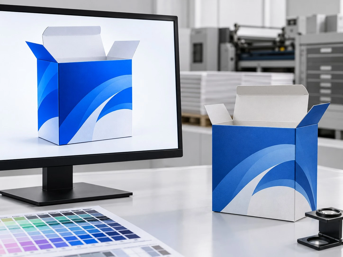 The same blue packaging design shown on a screen and on a printed CMYK carton. The same blue packaging design shown on a screen and on a printed CMYK carton.