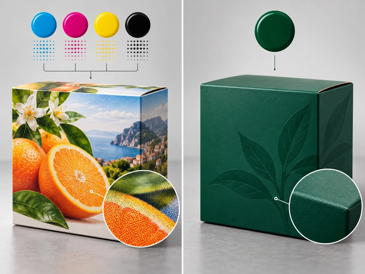CMYK process printing for multicolor artwork compared with spot color printing for a controlled brand color. CMYK process printing for multicolor artwork compared with spot color printing for a controlled brand color.