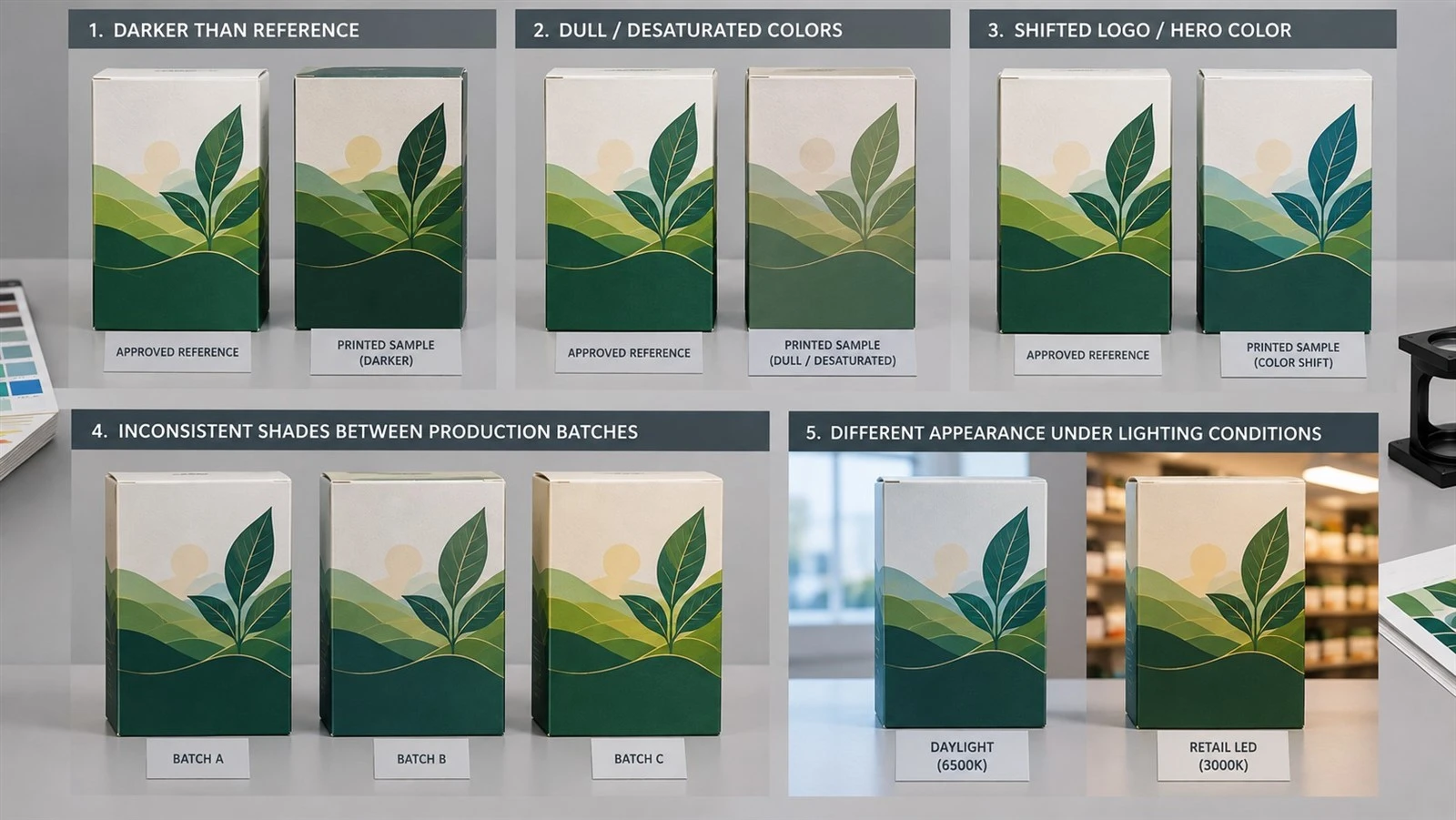 Common packaging color mismatch symptoms including darker print, dull colors, brand color shift, batch variation, and lighting differences. Common packaging color mismatch symptoms including darker print, dull colors, brand color shift, batch variation, and lighting differences.
