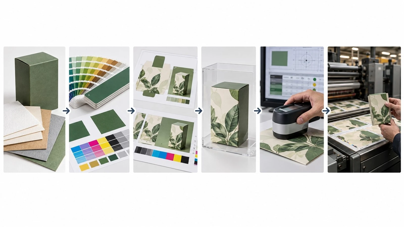 Six-step packaging color approval workflow from substrate selection to production quality control. Six-step packaging color approval workflow from substrate selection to production quality control.