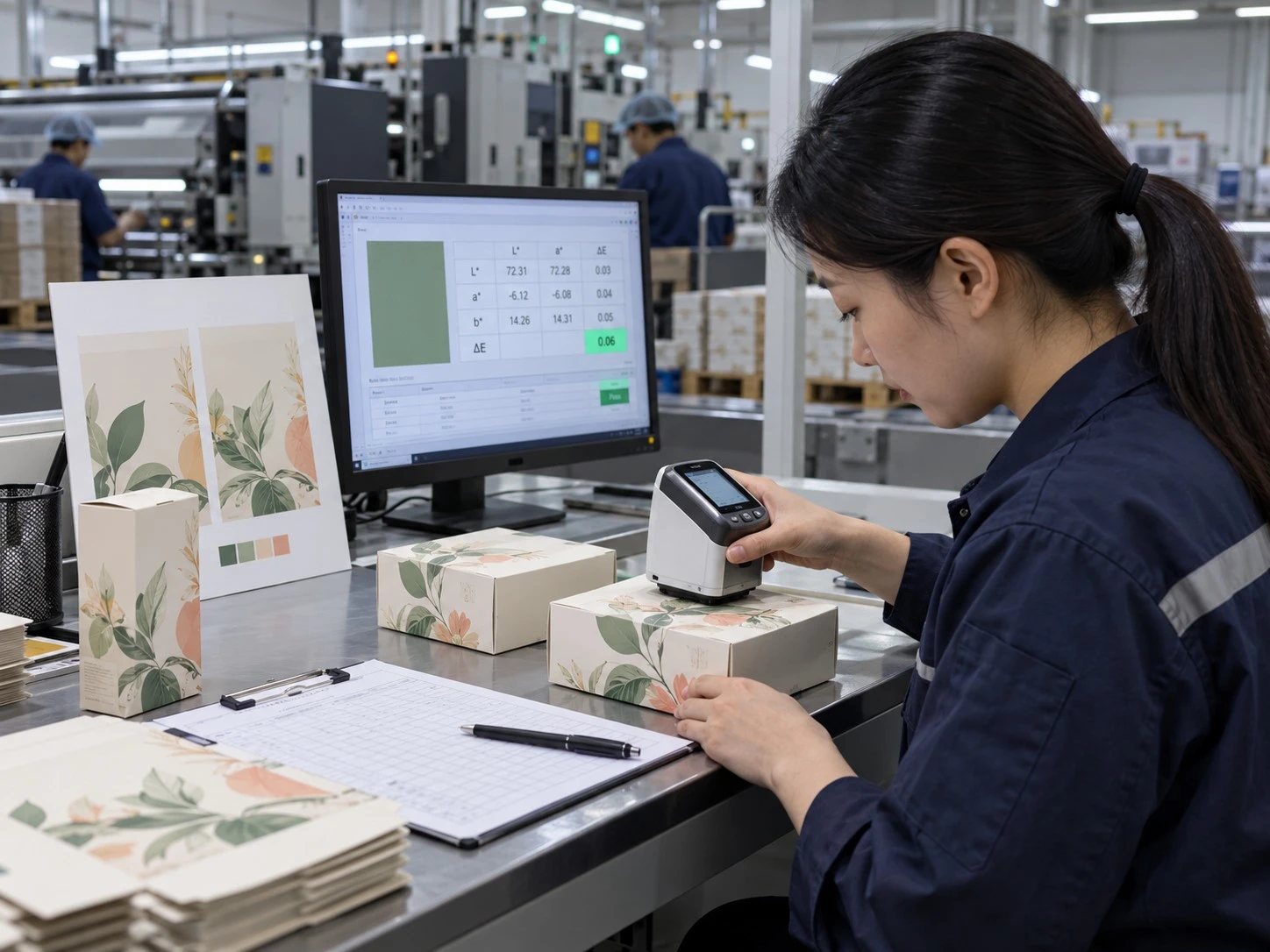 Packaging quality control using a spectrophotometer to compare production with an approved color reference. Packaging quality control using a spectrophotometer to compare production with an approved color reference.