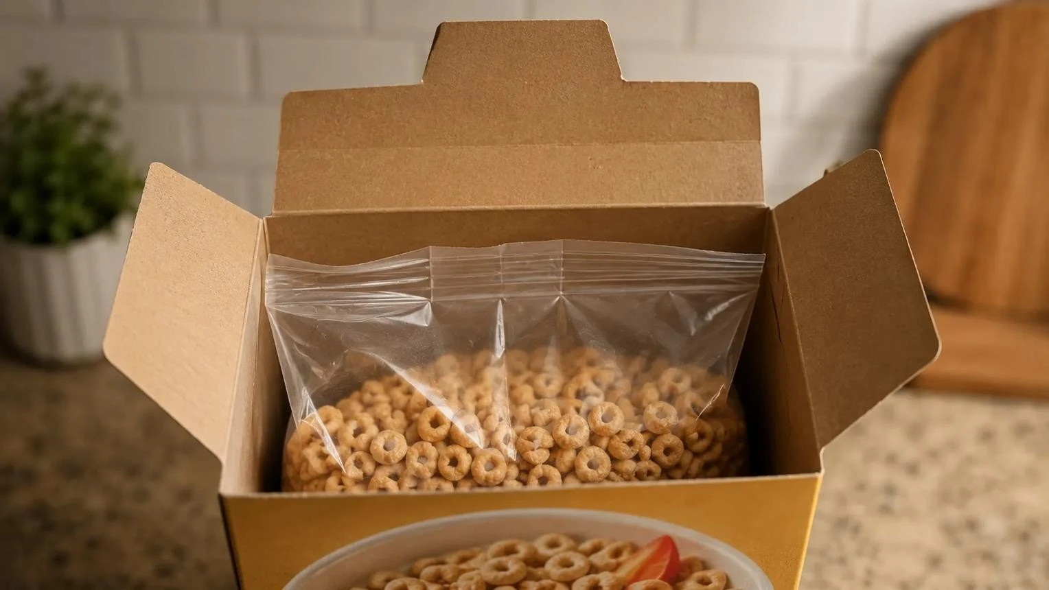 Three food packaging examples showing direct contact, an inner bag, and an outer shipping carton. Three food packaging examples showing direct contact, an inner bag, and an outer shipping carton.