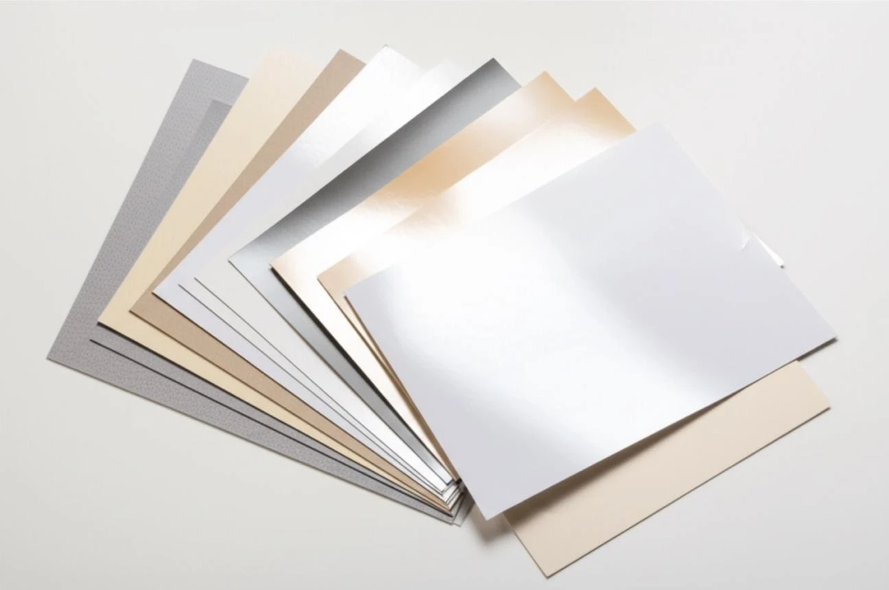 Samples of white, kraft, recycled, coated, and lined paperboard used in packaging. Samples of white, kraft, recycled, coated, and lined paperboard used in packaging.