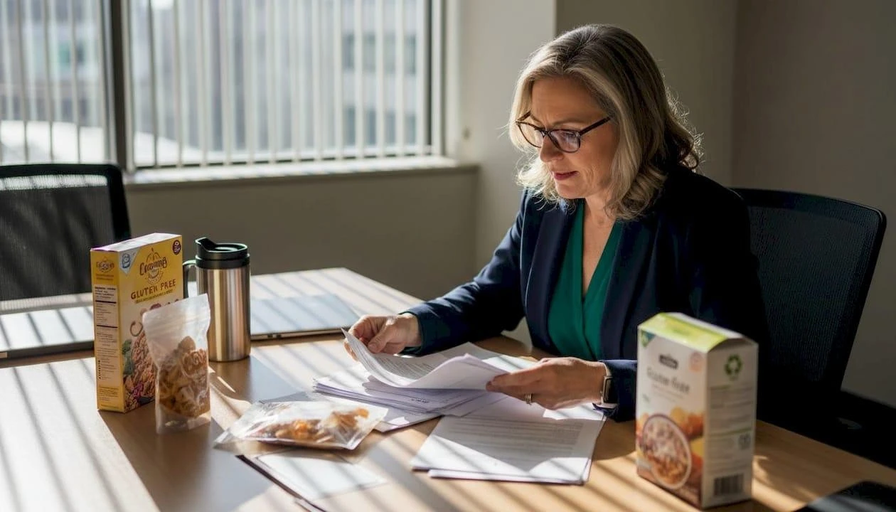 Packaging quality specialist reviewing material documents alongside paperboard carton samples. Packaging quality specialist reviewing material documents alongside paperboard carton samples.