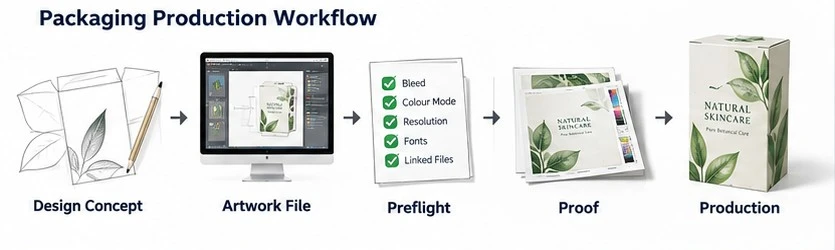 Packaging workflow from design concept and artwork file through preflight, proof, and final production. Packaging workflow from design concept and artwork file through preflight, proof, and final production.