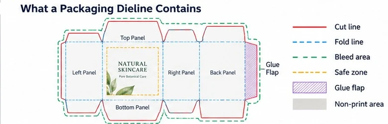 Folding carton dieline showing cut lines, fold lines, bleed, safe zone, glue flap, and non-print area. Folding carton dieline showing cut lines, fold lines, bleed, safe zone, glue flap, and non-print area.