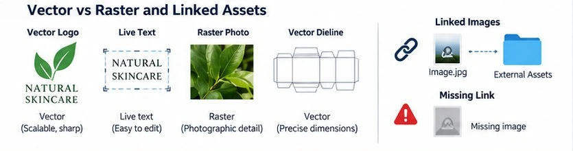 Packaging artwork file structure showing vector logos, live text, raster photos, a vector dieline, and linked image assets. Packaging artwork file structure showing vector logos, live text, raster photos, a vector dieline, and linked image assets.